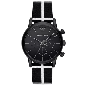 EMPORIO ARMANI 品味人生計時腕錶-黑x條紋皮帶
