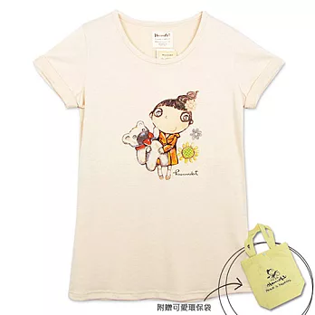 『摩達客』香港設計品牌精選手繪童話風HosannArt 抱小熊女孩米色摺袖印花短袖T恤(附贈環保袋)L