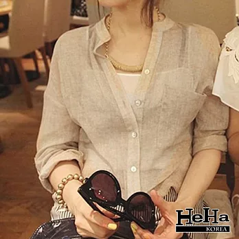 襯衫 棉麻薄款長袖可反折襯衫罩衫 二色-HeHa-L(杏色)