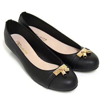 【Pretty】簡單金屬綴飾楔型低跟包鞋23.5黑色