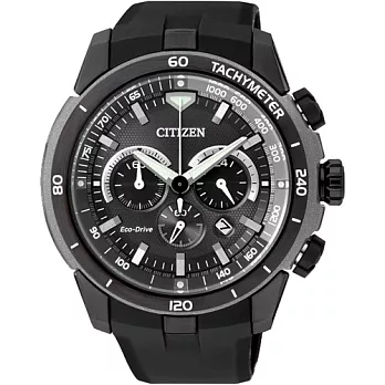 CITIZEN Eco-Drive 部落勇士三眼計時運動腕錶-黑+灰-CA4157-09E