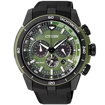 CITIZEN Eco-Drive 部落勇士三眼計時運動腕錶-黑+綠-CA4156-01W