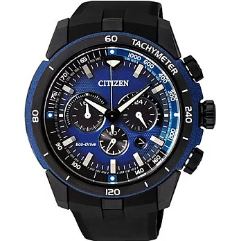 CITIZEN Eco-Drive 部落勇士三眼計時運動腕錶-黑+藍-CA4155-04L