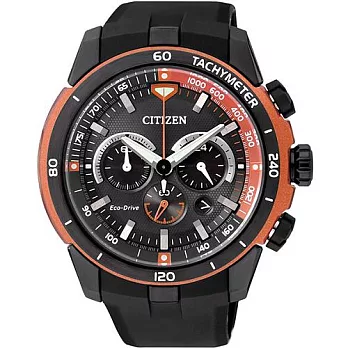 CITIZEN Eco-Drive 部落勇士三眼計時運動腕錶-黑+橘-CA4154-07E