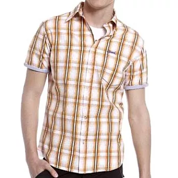『摩達客』德國進口人氣品牌【C&A】橘黃格紋短袖休閒襯衫A-M