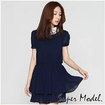 【名模衣櫃】韓版手工縫製珍珠領親膚雪紡洋裝-深藍FREE深藍