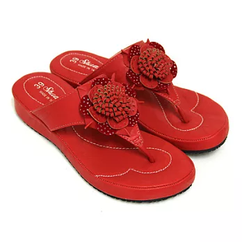 【Pretty】細緻花朵裝飾舒適夾腳拖鞋36紅色
