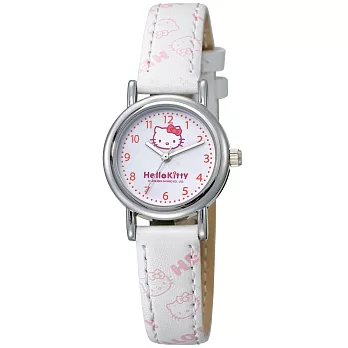 【HELLO KITTY】凱蒂貓經典凱蒂圖案印花皮帶腕錶 (白 KT535LWWW)