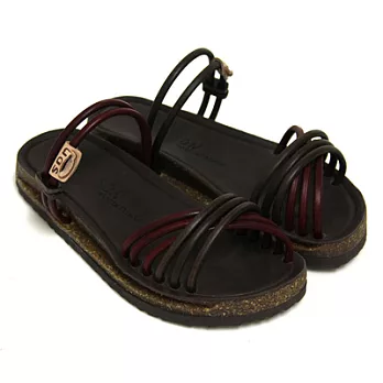 ◤Green Phoenix◥隨性慵懶不對稱雙色交叉線條全真皮兩穿平底涼拖鞋36咖啡