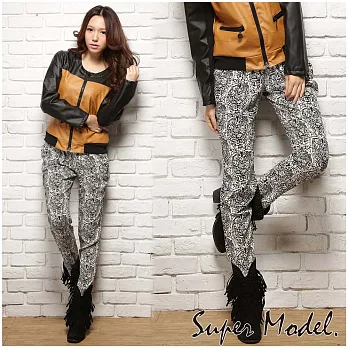 【名模衣櫃】修長美腿時髦圖騰哈倫褲-淺灰FREE淺灰