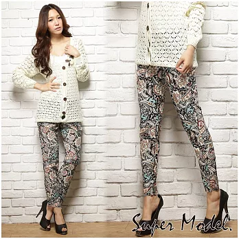 【名模衣櫃】修長美腿時髦圖騰哈倫褲-米黃FREE米黃