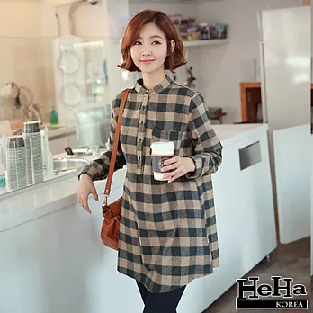 洋裝 立領寬格紋純棉長版上衣-HeHa-S*