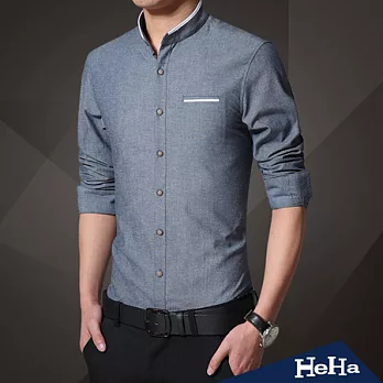襯衫 拼接立領假口袋修身長袖襯衫 三色-HeHa-L(牛仔藍)