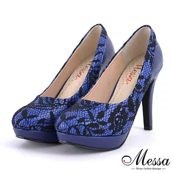 【MESSA米莎專櫃女鞋】MIT 典雅仕女蕾絲豔色內真皮高跟鞋-兩色38藍色