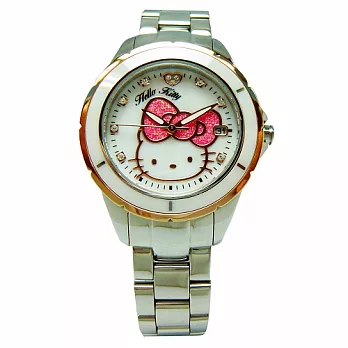 HELLO KITTY 大紅大紫時尚風情優質腕錶-銀+金框-LK682LTWWS