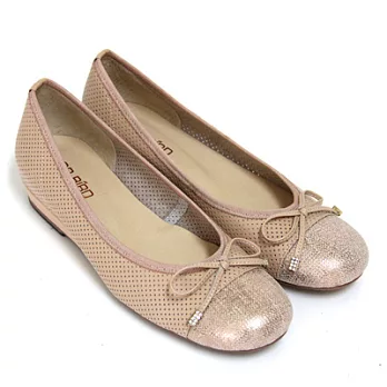 ◤Green Phoenix◥氣質甜心綁帶蝴蝶結水鑽珠光全真皮小坡跟娃娃鞋5淺橙