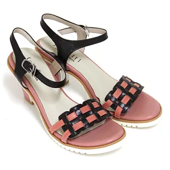 ◤Green Phoenix◥典雅春漾編織撞色系列全真皮繫踝粗跟涼鞋21.5深咖