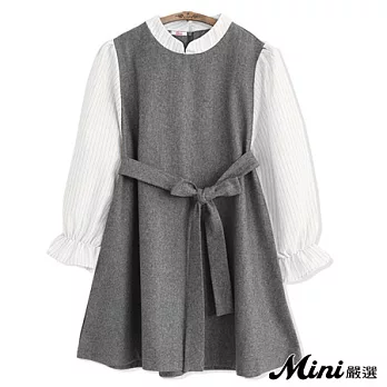 洋裝 立領毛呢拼接條紋娃娃連身裙(附腰帶)-Mini嚴選-FREE(淺灰)
