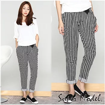 【名模衣櫃】韓版幾何圖樣綁帶棉質哈倫褲-十字格FREE十字格