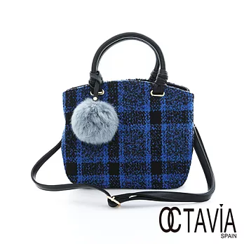 OCTAVIA 8 - 可愛毛球 毛呢格紋雙層手提包 - 藍與黑藍與黑