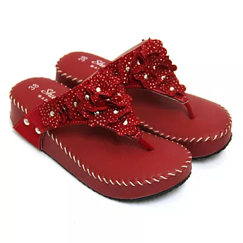 【Pretty】朵朵花漾點綴夾腳厚底拖鞋36紅色