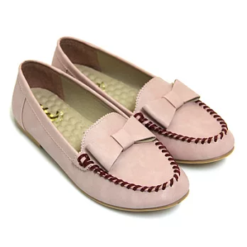 【Pretty】簡單大朵蝴蝶結莫卡辛平底鞋23粉紅