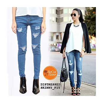 南加州丹寧時尚 SoCal Lover Jeans Co.- 小高腰中藍破壞窄管褲M淺藍