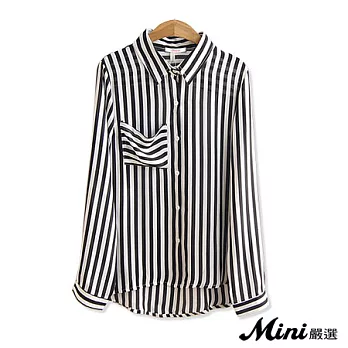 雪紡 條紋口袋雪紡長袖襯衫 二色-Mini嚴選-M(黑色)