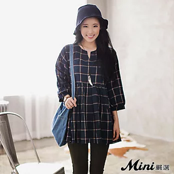 洋裝 格紋V口寬鬆娃娃連身裙 二色-Mini嚴選-FREE(藏青)