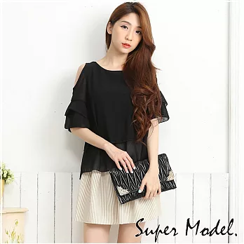 【名模衣櫃】微醺雪紡 挖肩波浪袖上衣-共5色FREE黑色