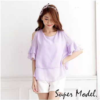 【名模衣櫃】微醺雪紡 挖肩波浪袖上衣-共5色FREE紫色