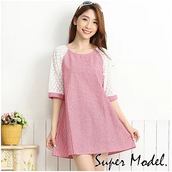 【名模衣櫃】鏤空蕾絲拼接袖直條紋洋裝-紅FREE紅