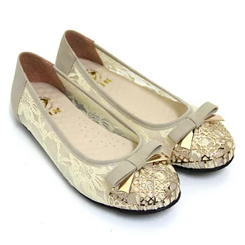 【Pretty】典雅金屬朵結蕾絲平底娃娃鞋23米色