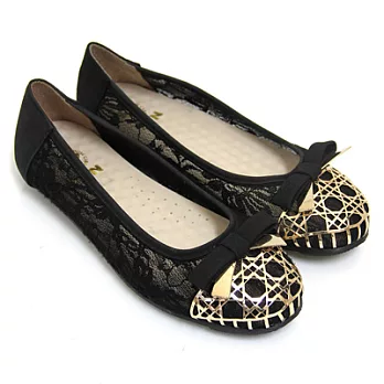 【Pretty】典雅金屬朵結蕾絲平底娃娃鞋23黑色