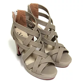 【Pretty】交叉繞帶高跟露趾羅馬鞋22.5米色