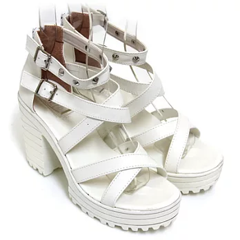 【Pretty】個性女孩交叉鉚釘粗高跟涼鞋22.5白色