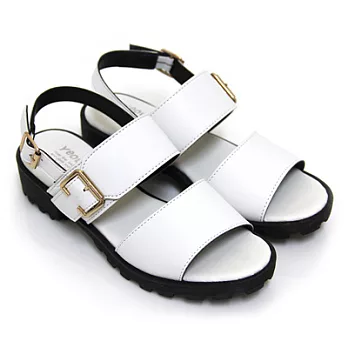 【Pretty】韓系個性款極簡寬版皮帶扣飾涼鞋23白色