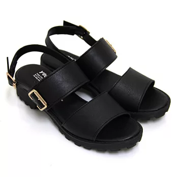 【Pretty】韓系個性款極簡寬版皮帶扣飾涼鞋23黑色