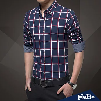 襯衫 春季男士格紋休閒長袖襯衫 三色-HeHa-L(深藍)