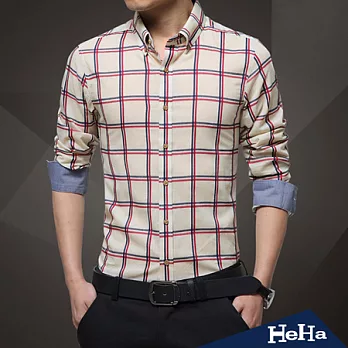 襯衫 春季男士格紋休閒長袖襯衫 三色-HeHa-XL(米色)