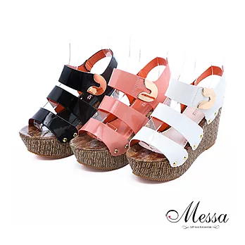 【Messa專櫃女鞋】潮流漆皮寬帶楔型涼鞋35白色