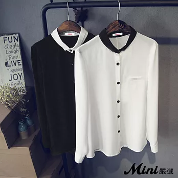 襯衫 拼接雙色小領雪紡長袖襯衫 二色-Mini嚴選-M(白色）