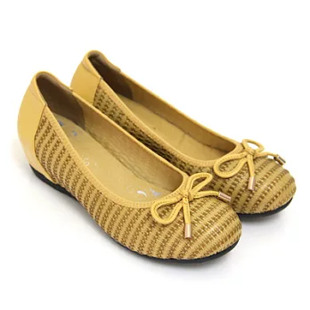 ◤Green Phoenix◥盛夏繽紛立體編織綁帶蝴蝶結全真皮內增高娃娃鞋37黃色