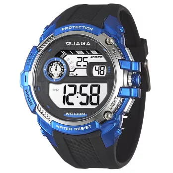 JAGA (捷卡)帥氣有勁多功能電子錶-M1076-AE(黑藍)