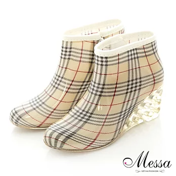 【Messa專櫃女鞋】玩色百搭楔型短筒雨靴-三色37格紋色