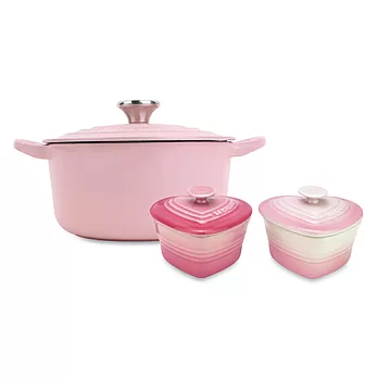 LE CREUSET－圓形鑄鐵鍋（甜心粉．直徑24cm） + 小愛心瓷器烤盅（櫻花粉＆粉嫩紫各1個）