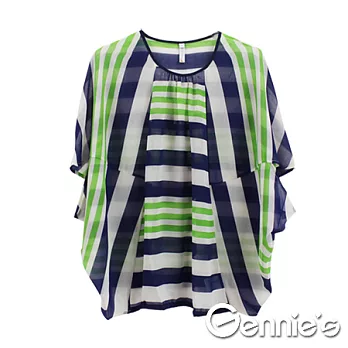【Gennie’s奇妮】不規則條紋透膚飛鼠袖孕婦上衣(G3517)M藍綠
