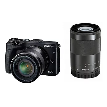 【Canon】EOS M3+18-55mmSTM+55-200mmSTM 雙鏡組(公司貨)+32G卡+UV保護鏡X2+大吹球+拭淨布+拭淨筆+專用相機包-黑色
