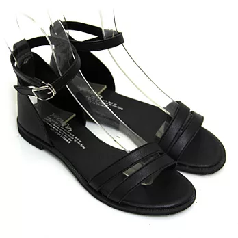 【Pretty】韓系極簡俐落線條繫踝平底涼鞋23黑色