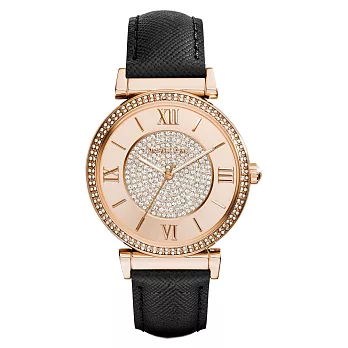 Michael Kors 萬丈光芒時尚腕錶-玫瑰金x黑皮帶